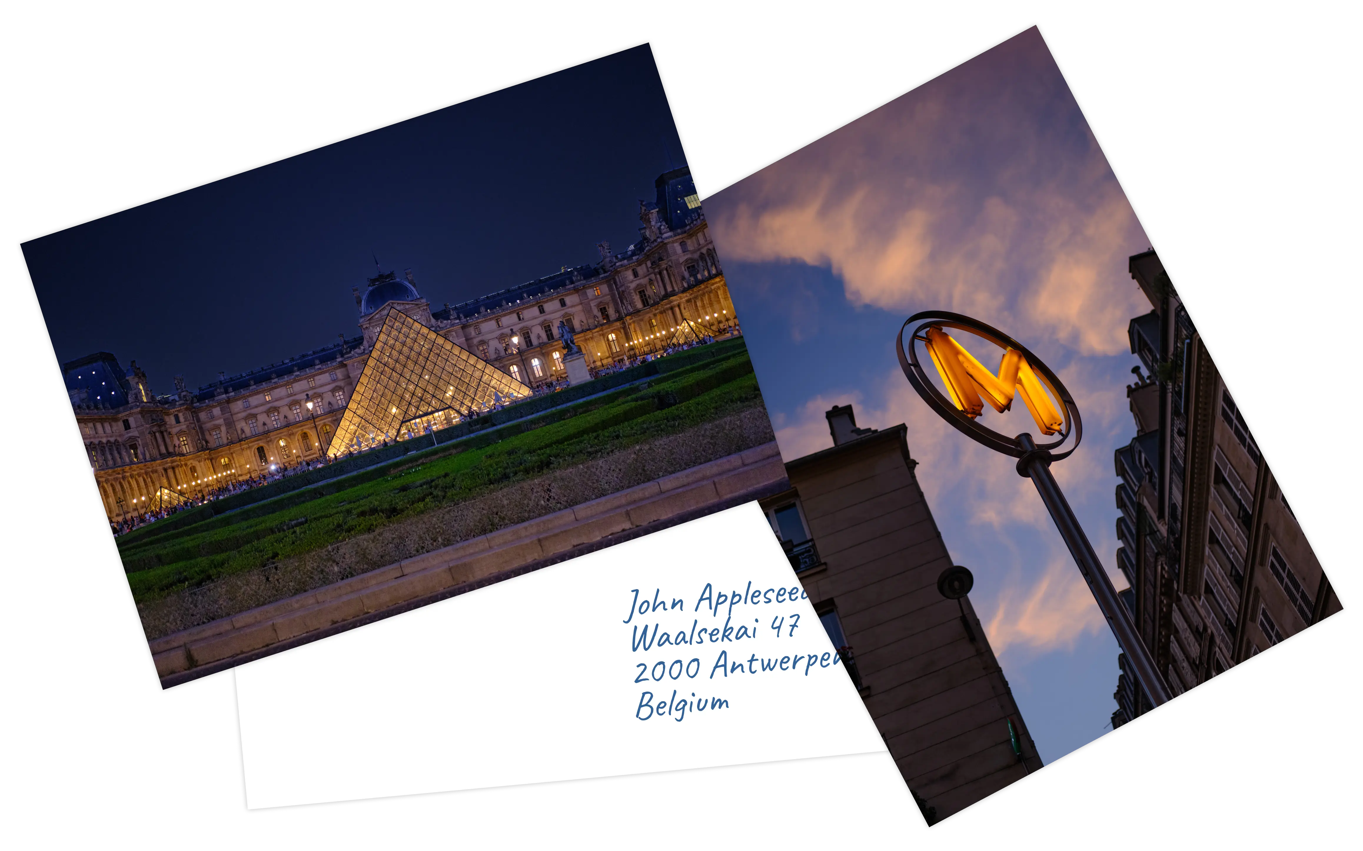 Three postcards. One shows The Louvre Museum, another shows the Paris Metro sign and the third one is upside down.
